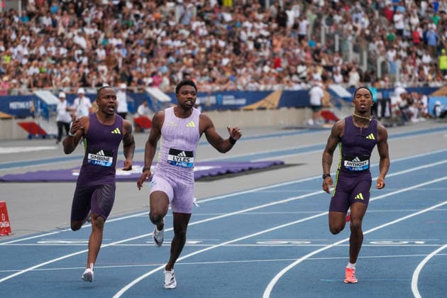 June 28, 2026, Paris, Å½Le-De-France, France: Akani Simbine of South Africa, Jordan Anthony of the United States and Noah Lyles of the United States compete during the men s 100m final at the Wanda Diamond League Meeting de Paris at Stade Charlo ty. Paris France - ZUMAh209 20260628_zsp_h209_019 Copyright: xAlixHabibx