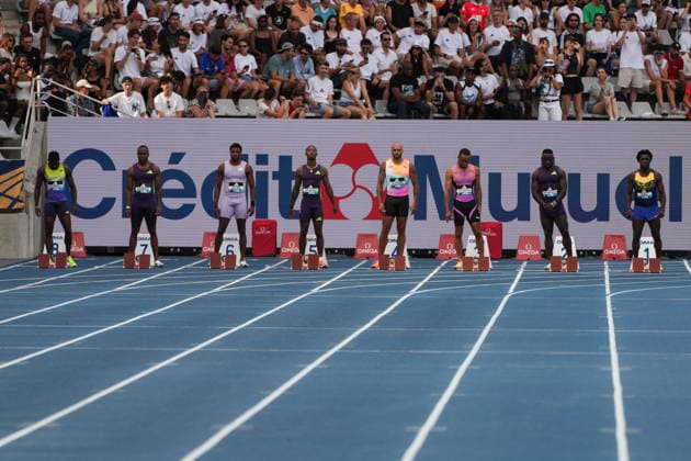June 28, 2026, Paris, Å½Le-De-France, France: Athletes await the start of the men s 100m final during the Wanda Diamond League Meeting de Paris at Stade Charlo ty. Paris France - ZUMAh209 20260628_zsp_h209_080 Copyright: xAlixHabibx