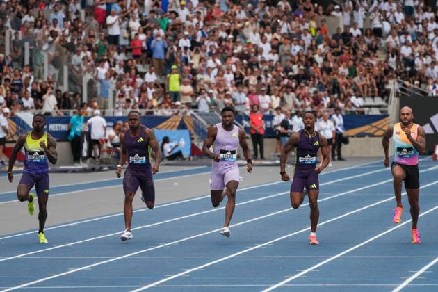June 28, 2026, Paris, Å½Le-De-France, France: Noah Lyles, Jordan Anthony, Akani Simbine, Trayvon Bromell and Lamont Marcell Jacobs compete during the men s 100m final at the Wanda Diamond League Meeting de Paris at Stade Charlo ty. Paris France - ZUMAh209 20260628_zsp_h209_095 Copyright: xAlixHabibx