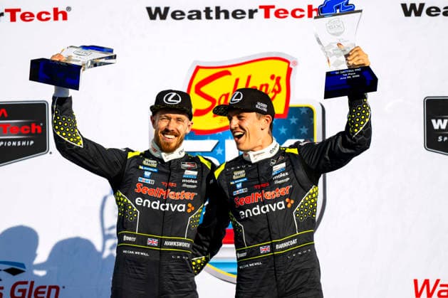 AUTO - 6 HOURS OF THE GLEN 2026 14 BARNICOAT Ben (gbr), HAWKSWORTH Jack (gbr), Vasser Sullivan Racing, Lexus RC F GT3, podium during the Six Hours of the Glen 2026, 6th round of the 2026 IMSA WeatherTech SportsCar Championship, from June 26 to 28 on the Watkins Glen International in Watkins Glen, New York, United States of America - Watkins GlenUnited States  Copyright: xFabrizioxBoldonix