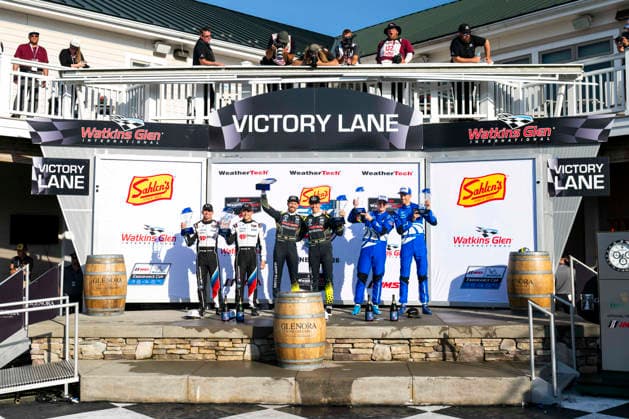 AUTO - 6 HOURS OF THE GLEN 2026 01 DE PHILLIPPI Connor (usa), VERHAGEN Neil (usa), Paul Miller Racing, BMW M4 GT3 Evo, 14 BARNICOAT Ben (gbr), HAWKSWORTH Jack (gbr), Vasser Sullivan Racing, Lexus RC F GT3, 64 BARKER Ben (gbr), OLSEN Dennis (nor), Ford Multimatic Motorsports, Ford Mustang GT3 Evo, podium during the Six Hours of the Glen 2026, 6th round of the 2026 IMSA WeatherTech SportsCar Championship, from June 26 to 28 on the Watkins Glen International in Watkins Glen, New York, United States of America - Watkins GlenUnited States  Copyright: xFabrizioxBoldonix