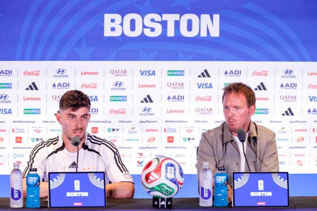 Fußball, FIFA WM 2026, Nationalteam Deutschland, Pressekonferenz FIFA World Cup, WM, Weltmeisterschaft, Fussball 2026 - Germany press conference, PK, Pressekonferenz German National player Kai Havertz (L), with German National Coach Julian Nagelsmann (R), responds to a question from the news media during a press conference at Boston Stadium near Boston in Foxborough, Massachusetts, USA, 28 June 2026. Germany meets Paraguay on 29 June during the 2026 FIFA World Cup round of 32. FOXBOROUGH MASSACHUSETTS United States  Copyright: xSHAWNxTHEWx