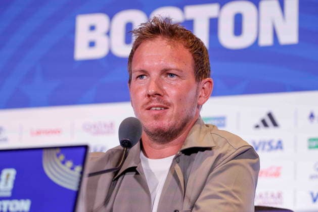 Fußball, FIFA WM 2026, Nationalteam Deutschland, Pressekonferenz FIFA World Cup, WM, Weltmeisterschaft, Fussball 2026 - Germany press conference, PK, Pressekonferenz German National Coach Julian Nagelsmann responds to a question from the news media during a press conference at Boston Stadium near Boston in Foxborough, Massachusetts, USA, 28 June 2026. Germany meets Paraguay on 29 June during the 2026 FIFA World Cup round of 32. FOXBOROUGH MASSACHUSETTS United States  Copyright: xSHAWNxTHEWx