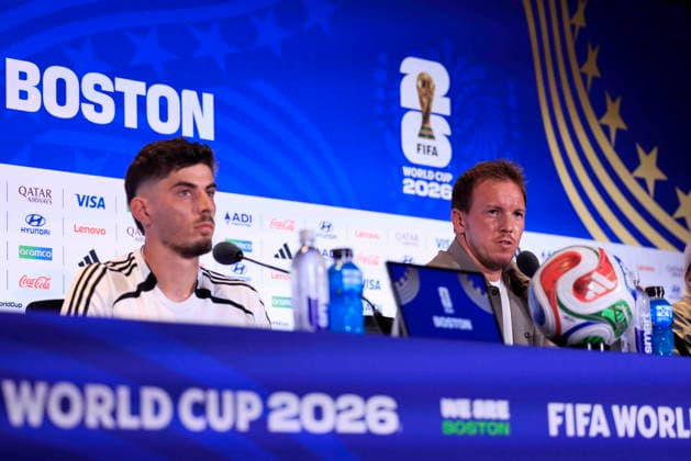 Fußball, FIFA WM 2026, Nationalteam Deutschland, Pressekonferenz FIFA World Cup, WM, Weltmeisterschaft, Fussball 2026 - Germany press conference, PK, Pressekonferenz German National Coach Julian Nagelsmann (R), with German National player Kai Havertz (L), responds to a question from the news media during a press conference at Boston Stadium near Boston in Foxborough, Massachusetts, USA, 28 June 2026. Germany meets Paraguay on 29 June during the 2026 FIFA World Cup round of 32. FOXBOROUGH MASSACHUSETTS United States  Copyright: xSHAWNxTHEWx
