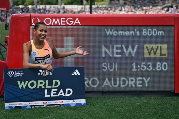 Wanda Diamond League in Paris FA Audrey Werro poses with her record after competing during the Wanda Diamond League tournament at the Charlety Stadium in Paris on June 28, 2026. Photo by Firas Abdullah ABACAPRESS.COM Paris Ile-de-France France  Copyright: xAbdullahxFiras ABACAx