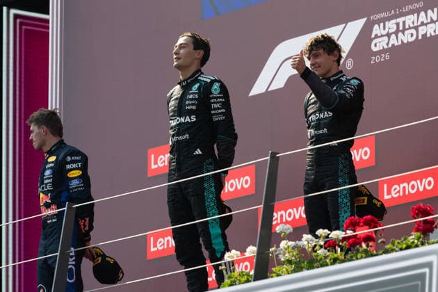 F1 Rolex Austrian Grand Prix - Podium MaMax Verstappen of Red Bull Racing, George Russell of Mercedes, and Andrea Kimi Antonelli of Mercedes during the podium ceremony at the Formula 1 Rolex Austrian Grand Prix 2026 at Red Bull Ring in Spielberg, Austria on June 28, 2026, Photo by Alessio De Marco ABACAPRESS.COM Spielberg Styria Austria  Copyright: xDexMarcoxAlessio ABACAx