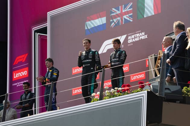 F1 Rolex Austrian Grand Prix - Podium MaMax Verstappen of Red Bull Racing, George Russell of Mercedes, and Andrea Kimi Antonelli of Mercedes during the podium ceremony at the Formula 1 Rolex Austrian Grand Prix 2026 at Red Bull Ring in Spielberg, Austria on June 28, 2026, Photo by Alessio De Marco ABACAPRESS.COM Spielberg Styria Austria  Copyright: xDexMarcoxAlessio ABACAx