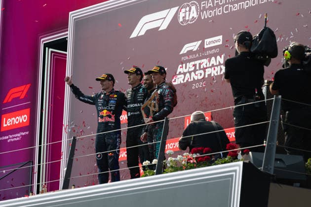 F1 Rolex Austrian Grand Prix - Podium MaMax Verstappen of Red Bull Racing, George Russell of Mercedes, and Andrea Kimi Antonelli of Mercedes during the podium ceremony at the Formula 1 Rolex Austrian Grand Prix 2026 at Red Bull Ring in Spielberg, Austria on June 28, 2026, Photo by Alessio De Marco ABACAPRESS.COM Spielberg Styria Austria  Copyright: xDexMarcoxAlessio ABACAx