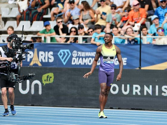 (260629) -- PARIS, June 29, 2026 -- Trayvon Bromell of the United States reacts after the men s 100m final at the 2026 World Athletics Diamond League in Paris, France, June 28, 2026. ) (SP)FRANCE-PARIS-ATHLETICS-DIAMOND LEAGUE 2026 WuxHuiwo 