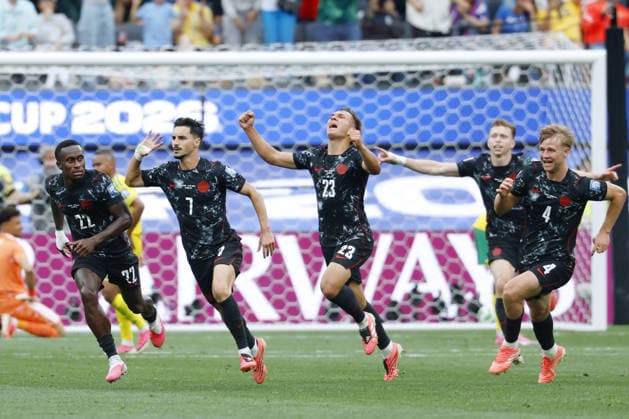 Football: 2026 World Cup Canada players celebrate after Stephen Eustaquio (2nd from L) scores in second-half stoppage time for a 1-0 win over South Africa in the football World Cup round of 32 at Los Angeles Stadium in Inglewood, California, on June 28, 2026.  A14AA0005620561P