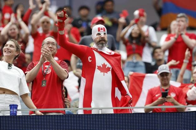 Football: 2026 World Cup Canada supporters cheer on their team before a football World Cup round of 32 match against South Africa at Los Angeles Stadium in Inglewood, California, on June 28, 2026.  A14AA0005620582P