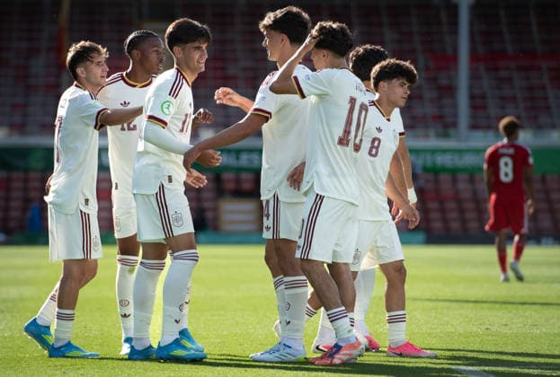Football - 2026 UEFA European Under-19 Championship (U19 Euros) - Group A: Wales vs. Spain - SToK Cae Ras (Racecourse Ground) - Sunday 28th June 2026 Spain U19 celebrate their fourth goal against Wales U19 COLORSPORT BARRY MITCHELL 