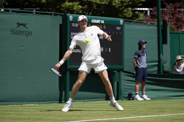 RECORD DATE NOT STATED 29th June 2026; All England Lawn Tennis and Croquet Club, London, England; Wimbledon Tennis Tournament, Day One; Max Basing (GBR) plays a forehand in his first round match against Shintaro Mochizuki (JPN) GodfreyxPitt
