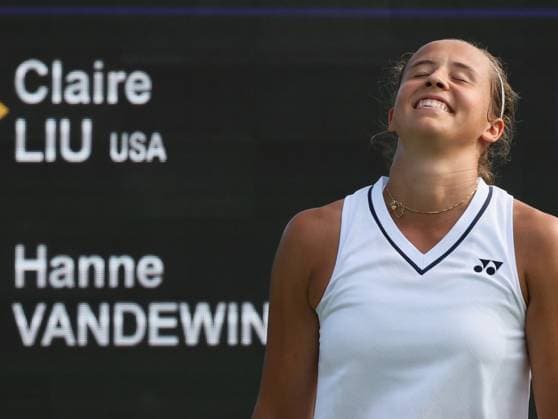 Belgian Hanne Vandewinkel reacts during a first roung game between Belgian Vandewinkel WTA, Tennis Damen 103) and US Liu (WTA 146) in the Ladies singles at Wimbledon grand slam tennis tournament in London, Britain, Monday 29 June 2026. BENOITxDOPPAGNE  x179889142x
