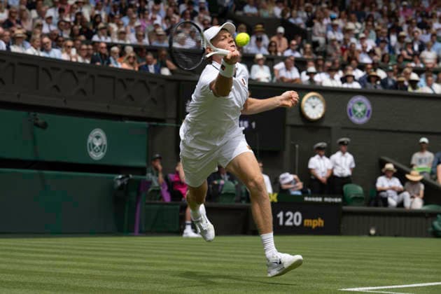RECORD DATE NOT STATED 29th June 2026; All England Lawn Tennis and Croquet Club, London, England; Wimbledon Tennis Tournament, Day One; Jannik Sinner (ITA) stretches for a forehand in his first round match against Miomir Kecmanovic (SRB) GodfreyxPitt