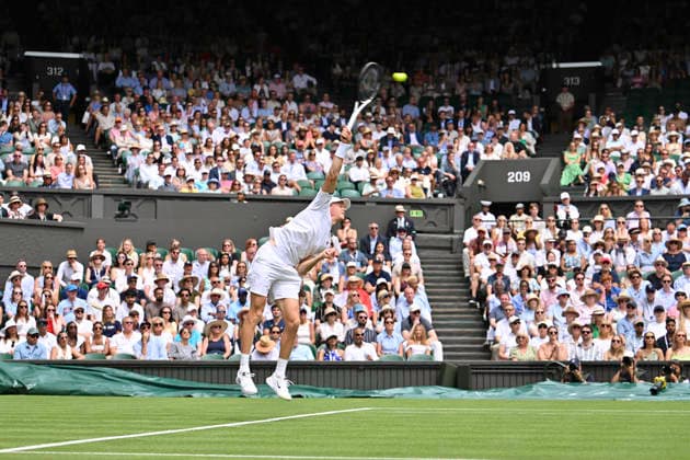 RECORD DATE NOT STATED 29th June 2026; All England Lawn Tennis and Croquet Club, London, England; Wimbledon Tennis Tournament, Day One; Jannik Sinner (ITA) serves in his first round match against Miomir Kecmanovic (SRB) GodfreyxPitt