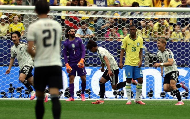 FIFA World Cup, WM, Weltmeisterschaft, Fussball 2026 - Round of 32 - Brazil vs Japan Kaishu Sano of Japan (C) celebrates scoring the 1-0 during the FIFA World Cup 2026 Round of 32 match Brazil against Japan, in Houston, USA, 29 June 2026. HOUSTON United States  Copyright: xCHRISTOPHERxNEUNDORFx