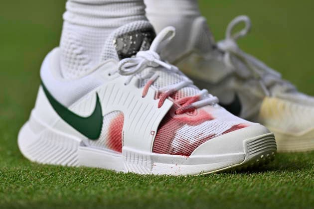 RECORD DATE NOT STATED 29th June 2026; All England Lawn Tennis and Croquet Club, London, England; Wimbledon Tennis Tournament, Day One; Jannik Sinner s right tennis shoe is covered in blood after his first round match against Miomir Kecmanovic (SRB) GodfreyxPitt