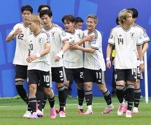Football: 2026 World Cup Japan s Kaishu Sano (C) celebrates with teammates after scoring the opening goal in the first half of a World Cup round of 32 football match against Brazil at Houston Stadium in Houston on June 29, 2026.  A14AA0005620719P