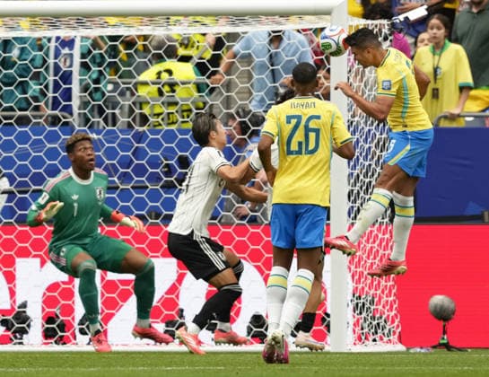 Football: 2026 World Cup Brazil s Casemiro (far R) scores with a header in the second half of a World Cup round of 32 football match against Japan at Houston Stadium in Houston on June 29, 2026.  A14AA0005620730P
