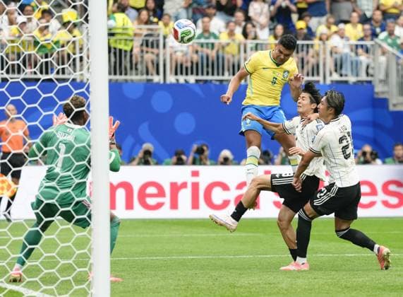 Football: 2026 World Cup Brazil s Casemiro (upper R) scores with a header in the second half of a World Cup round of 32 football match against Japan at Houston Stadium in Houston on June 29, 2026.  A14AA0005620731P