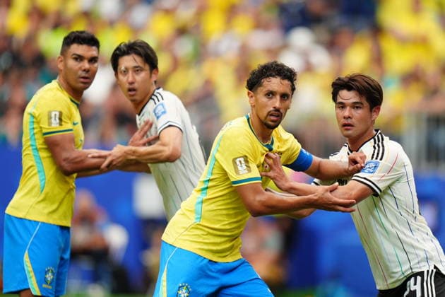 Brazil v Japan - FIFA World Cup, WM, Weltmeisterschaft, Fussball 2026 - Round of 32 HOUSTON, USA - JUNE 29: Marquinhos of Brazil in action against Kaishu Sano (24) of Japan during the FIFA World Cup 2026 Round of 32 match between Brazil and Japan at Houston Stadium (NRG Stadium) on June 29, 2026 in Houston, Texas. Hakan Akgun Anadolu Texas United States. Editorial use only. Please get in touch for any other usage.  Copyright: x2026xAnadoluxHakanxAkgunx
