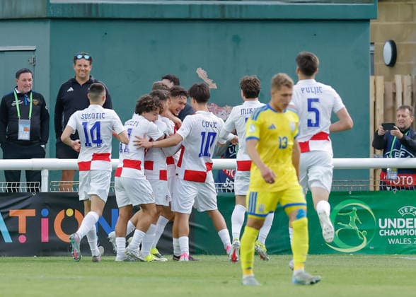 Bangor, Wales, 29th June 2026. Ivan Baric of Croatia celebrates scoring their sides first goal during the Croatia U19 vs Ukraine U19 UEFA European U19 Championship match at Bangor City Stadium, Bangor. Picture credit should read: Cody Froggatt Sportimage EDITORIAL USE ONLY. No use with unauthorised audio, video, data, fixture lists, club league logos or live services. Online in-match use limited to 120 images, no video emulation. No use in betting, games or single club league player publications. SPI_009_CF_CROATIA_U19_V_UKRAINE_U19 SPI-4855-0008