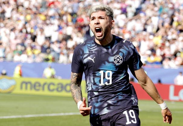 FIFA World Cup, WM, Weltmeisterschaft, Fussball 2026 - Round of 32 - Germany vs Paraguay Julio Enciso of Paraguay celebrates scoring the opening goal during the FIFA World Cup 2026 Round of 32 match Germany against Paraguay, in Boston, USA, 29 June 2026. FOXBOROUGH United States  Copyright: xSHAWNxTHEWx