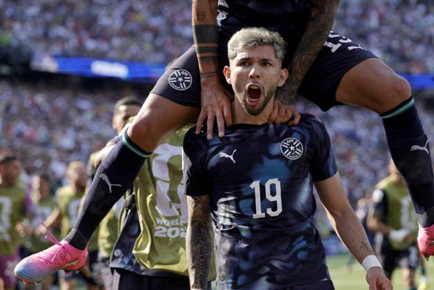 FIFA World Cup, WM, Weltmeisterschaft, Fussball 2026 - Round of 32 - Germany vs Paraguay Julio Enciso of Paraguay celebrates scoring the opening goal during the FIFA World Cup 2026 Round of 32 match Germany against Paraguay, in Boston, USA, 29 June 2026. FOXBOROUGH United States  Copyright: xSHAWNxTHEWx