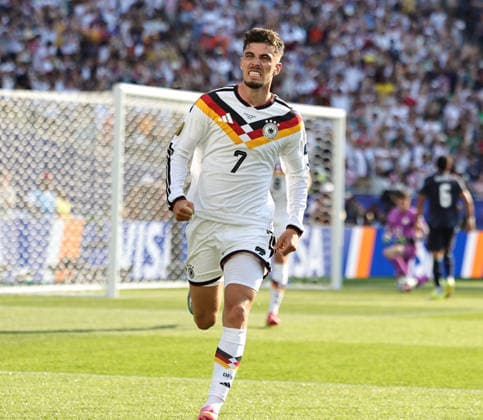 June 29, 2026, Foxborough, Massachusetts, USA: Germany forward Kai Havertz (7) celebrates after scoring a goal during the June 29th FIFA World Cup, WM, Weltmeisterschaft, Fussball 2026 matchup between Germany and Paraguay at Gillette Stadium in Foxborough, Massachusetts. FIFA World Cup 2026: Germany : Paraguay  - ZUMAs325 20260629_zsp_s325_011 Copyright: xJessxStilesx
