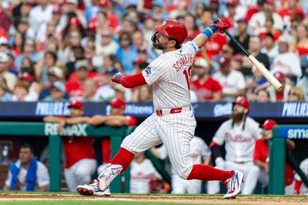Philadelphia Phillies designated hitter Kyle Schwarber follows through on a sacrifice.fly during the third inning of a baseball game against the Pittsburgh Pirates Monday, June 29, 2026, in Philadelphia. Justin Crawford scored.  PHI20260629007 LaurencexKesterson