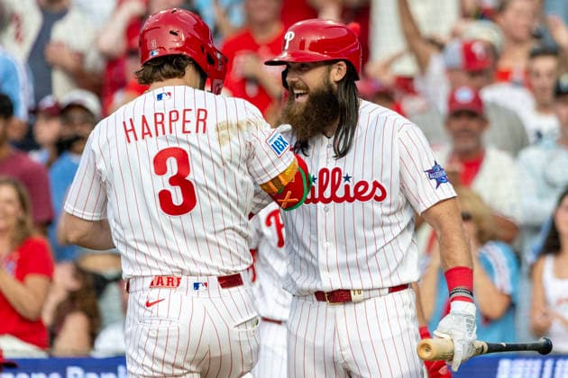 Philadelphia Phillies Bryce Harper (3) is congratulated by Brandon Marsh after he hit a two run home run in the third inning against the Pittsburgh Pirates Monday, June 29, 2026, in Philadelphia.  PHI20260629009 LaurencexKesterson