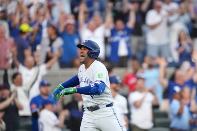 June 29, 2026, Toronto, On, CANADA: Toronto Blue Jays designated hitter George Springer (4) reacts after hitting a triple on an in-field home run after a fielding error by New York Mets A.J. Ewing during first inning American League MLB, Baseball Herren, USA baseball action in Toronto, Monday, June 29, 2026. Canada News - June 29, 2026  - ZUMAc35_ 20260629_zaf_c35_090 Copyright: xNathanxDenettex