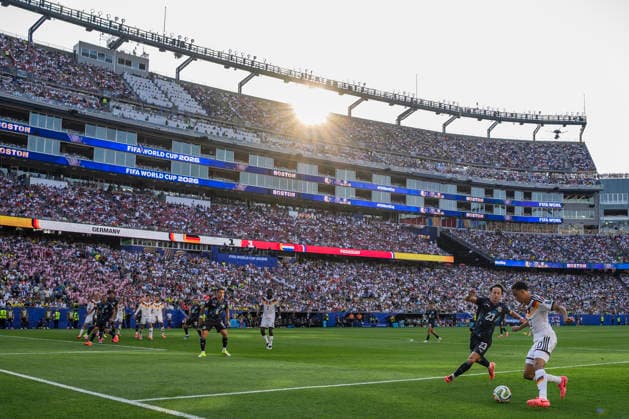 Germany v Paraguay - FIFA World Cup, WM, Weltmeisterschaft, Fussball 2026 Jamal Musiala of Germany competes for the ball with Matias Galarza of Paraguay during the FIFA World Cup 2026 round of 32 football match between Germany and Paraguay. Foxborough United States Copyright: xNicolòxCampox