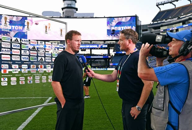 Fussball, Länderspiel, Herren, FIFA World Cup, WM, Weltmeisterschaft, Fussball 2026, Fussball-Weltmeisterschaft, USA, Sechzehntelfinale, Gilette Stadium Boston: Deutschland - Paraguay 3:4 n.E.; Bundestrainer Julian Nagelsmann (GER) beim Interview nach dem Spiel. *** Soccer, International Match, Men s, 2026 FIFA World Cup, World Cup, USA, Round of 32, Gilette Stadium, Boston: Germany 3, Paraguay 4 (a.e.t.). German national team coach Julian Nagelsmann (GER) during a post-match interview