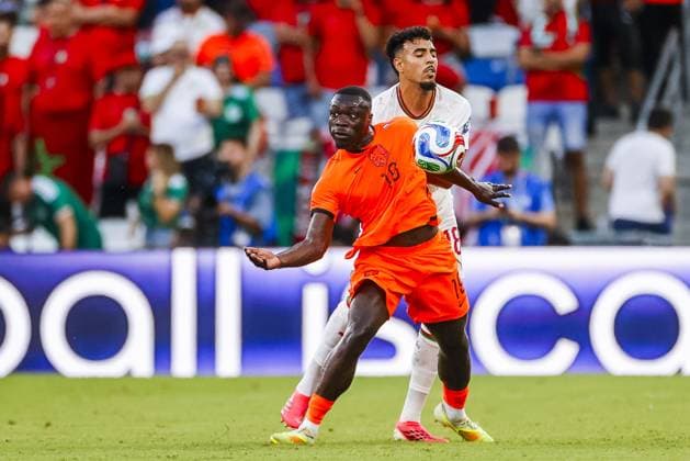 MONTERREY, 29-06-2026, Monterrey Stadium, Match between Morocco and The Netherlands during the World Cup 2026. Picture shows Morocco player Chadi Riad , Netherlands player Brian Brobby Morocco - The Netherlands (World Cup 2026)  x204747056x Copyright: