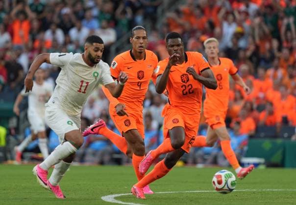 Netherlands v Morocco - FIFA World Cup, WM, Weltmeisterschaft, Fussball 2026 - Round of 32 MONTERREY, MEXICO - JUNE 29: Brian Brobbey of Netherlands in action against Ismael Saibari (11) of Morocco during the 2026 FIFA World Cup Round of 32 match between Netherlands and Morocco at Estadio BBVA (Monterrey Stadium) in Monterrey, Mexico on June 29, 2026. Juancho Torres Anadolu Nuevo Leon Mexico. Editorial use only. Please get in touch for any other usage.  Copyright: x2026xAnadoluxJuanchoxTorresx