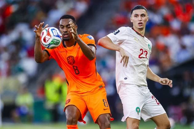 MONTERREY, 29-06-2026, Monterrey Stadium, Match between Morocco and The Netherlands during the World Cup 2026. Picture shows Netherlands player Ryan Gravenberch , Morocco player Bilal El Khannouss Morocco - The Netherlands (World Cup 2026)  x204747542x Copyright: