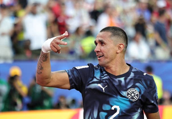 June 29, 2026, Foxborough, Massachusetts, USA: Paraguay defender Gustavo Velazquez (2) celebrates the win after the June 29th FIFA World Cup, WM, Weltmeisterschaft, Fussball 2026 matchup between Germany and Paraguay at Gillette Stadium in Foxborough, Massachusetts. FIFA World Cup 2026: Germany : Paraguay  - ZUMAs325 20260629_zsp_s325_132 Copyright: xJessxStilesx