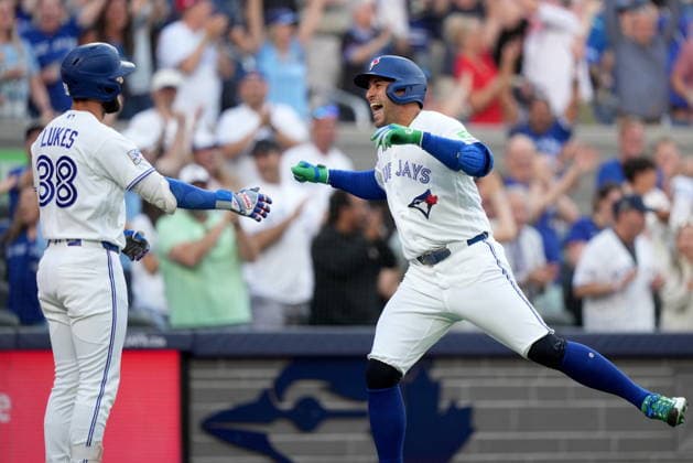 June 29, 2026, Toronto, On, CANADA: Toronto Blue Jays designated hitter George Springer (4) celebrates with teammate Nathan Lukes (38) as he comes in to score after hitting a triple that turned into a home run after a fielding error by New York Mets A.J. Ewing during first inning American League baseball action in Toronto, Monday, June 29, 2026. Canada News - June 29, 2026  - ZUMAc35_ 20260629_zaf_c35_129 Copyright: xNathanxDenettex