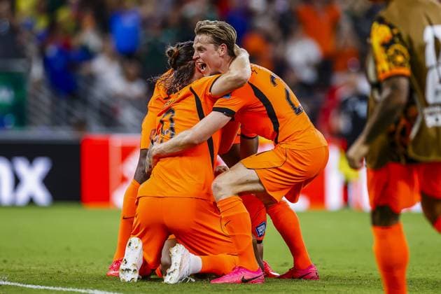 MONTERREY, 29-06-2026, Monterrey Stadium, Match between Morocco and The Netherlands during the World Cup 2026. Picture showsNetherlands player Wout Weghorst , Netherlands player Frenkie de Jong Netherlands player Frenkie de Jong celebrating the goal. Morocco - The Netherlands (World Cup 2026)  x204748644x Copyright: