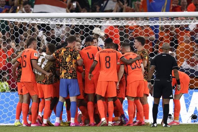 MONTERREY - Players of the Dutch national team, Nationalteam celebrate Cody Gakpo s 1-0 during the 2026 FIFA World Cup, WM, Weltmeisterschaft, Fussball knockout phase match between the Netherlands and Morocco at the Monterrey Stadium on June 29, 2026, in Monterrey, Mexico. ROBIN VAN LONKHUIJSEN ANP FIFA World Cup 2026 - round of 32 2026 xVIxANPxSportx xxANPxIVx 562419272 originalFilename: 562419272.jpg
