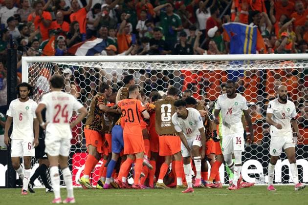 MONTERREY - Players of the Dutch national team, Nationalteam celebrate Cody Gakpo s 1-0 during the 2026 FIFA World Cup, WM, Weltmeisterschaft, Fussball knockout phase match between the Netherlands and Morocco at the Monterrey Stadium on June 29, 2026, in Monterrey, Mexico. ROBIN VAN LONKHUIJSEN ANP FIFA World Cup 2026 - round of 32 2026 xVIxANPxSportx xxANPxIVx 562419303 originalFilename: 562419303.jpg