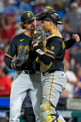 Pittsburgh Pirates closing pitcher Mason Montgomery, left, celebrates with catcher Endy Rodríguez after their team defeated the Philadelphia Phillies 11-7 on Monday, June 29, 2026, in Philadelphia.  PHI20260629014 LaurencexKesterson