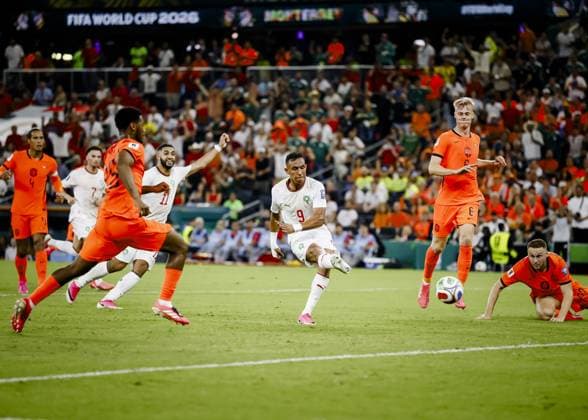 MONTERREY - Souane Rahimi of Morocco shoots at goal during the 2026 FIFA World Cup, WM, Weltmeisterschaft, Fussball knockout phase match between the Netherlands and Morocco at the Monterrey Stadium on June 29, 2026, in Monterrey, Mexico. KOEN VAN WEEL ANP FIFA World Cup 2026 - round of 32 2026 xVIxANPxSportx xxANPxIVx 562420477 originalFilename: 562420477.jpg