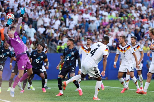 FOXBOROUGH, MASSACHUSETTS - JUNE 29: Jonathan Tah of Germany celebrates scoring a goal, which was later ruled out for a foul following a VAR review during the FIFA World Cup, WM, Weltmeisterschaft, Fussball 2026 Round of 32 match between Germany and Paraguay at Boston Stadium on June 29, 2026 in Foxborough, Massachusetts.  Copyright: xWuxZhizhaox 111651327749