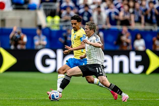HOUSTON - (lr) Marcos Marquinhos of Brazil and Daizen Maeda of Japan during the 2026 World Cup match between Brazil and Japan at Houston Stadium on June 29, 2026, in Houston, United States. (Photo by Stefan Koops EYE4IMAGES DeFodi Images) - *** HOUSTON — Marcos Marquinhos of Brazil and Daizen Maeda of Japan during the 2026 World Cup match between Brazil and Japan at Houston Stadium on June 29, 2026, in Houston, United States. Photo by Stefan Koops, EYE4IMAGES, DeFodi Images