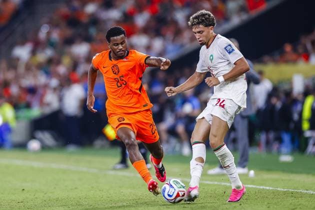 MONTERREY, 29-06-2026, Monterrey Stadium, Match between Morocco and The Netherlands during the World Cup 2026. Picture shows Netherlands player Jorrel Hato , Morocco player Neil El Aynaoui Morocco - The Netherlands (World Cup 2026)  x204749185x Copyright: