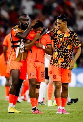 MONTERREY - Lutsharel Geertruida of the Netherlands, Quinten Timber of the Netherlands, and Tijjani Reijnders of the Netherlands look disappointed during the 2026 FIFA World Cup, WM, Weltmeisterschaft, Fussball knockout phase match between the Netherlands and Morocco at Monterrey Stadium on June 29, 2026, in Monterrey, Mexico. KOEN VAN WEEL ANP FIFA World Cup 2026 - round of 32 2026 xVIxANPxSportx xxANPxIVx 562422409 originalFilename: 562422409.jpg