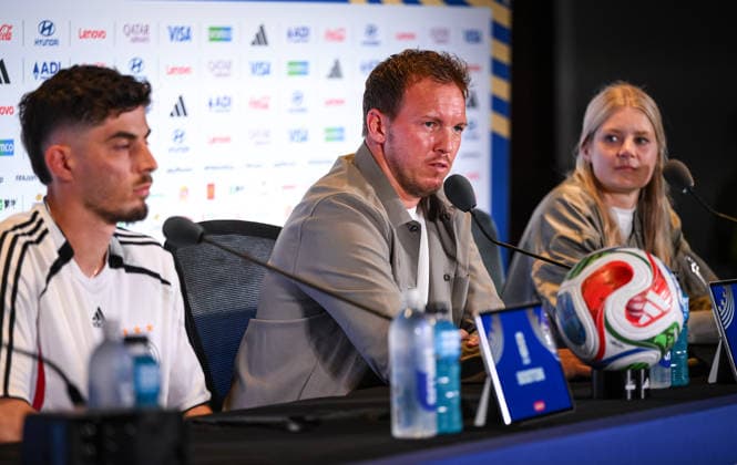 Fussball FIFA WM 2026 Sechzehntelfinale in Boston Deutschland - Paraguay 20.06.2026 MD -1 DFB Pressekonferenz, Kai Havertz (Deutschland), Bundestrainer Julian Nagelsmann (Deutschland) und Pressesprecherin der Deutsche Fussball-Nationalmannschaft, Franziska Wuelle (v.li.) *** Soccer: 2026 FIFA World Cup Round of 32 in Boston—Germany vs. Paraguay, June 20, 2026, Monday, DFB Press Conference: Kai Havertz (Germany), Germany National Team Head Coach Julian Nagelsmann, and German National Soccer Team Press Officer Franziska Wuelle (from left)